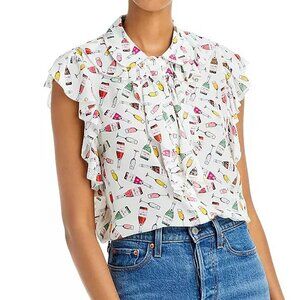 Alice + Olivia Robbie Weekend Toast Wine Champagne Shirt Blouse Flutter Sleeve L